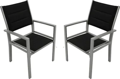Two outdoor chairs with silver frames and black fabric seats and backs are shown against a white background.