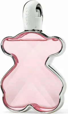 A pink perfume bottle with a silver outline and a white cap, set against a white background.