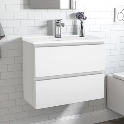 Produktbild von Badezimmermöbel 60cm KANY hochglanz Weiß Badmöbel set,Dünn Keramik Waschtisch,Badezimmer Badmöbel mit 2 Schubladen,Selbstmontierter Unterschrank