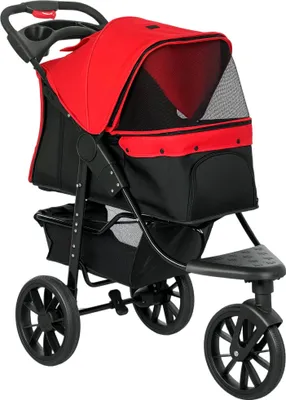 Immagine prodotto di Passeggino pieghevole per animali domestici, 3 ruote, finestre in rete, rosso, 10 kg max