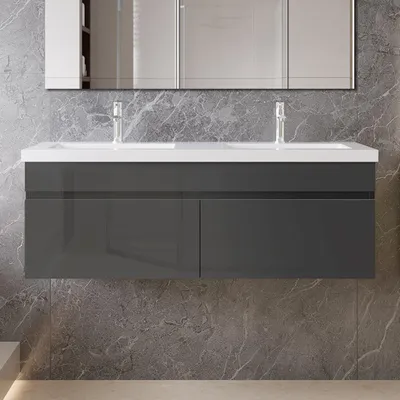 Produktbild von 120cm Mineralguss Waschtisch mit Unterschrank Badmöbel Set mit Türs Soft-close - Hochglanz Anthrazit