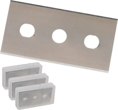 A close-up shot of razor blades and their protective cases against a white background.