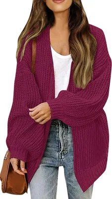 Obrázek produktu pro ASKSA Damen Cardigan Strickjacke Offene Front Strickpullover Elegant Laternenaermel Einfarbig Oversized Casual Strick Cardigan Strickmantel,Lila,XL