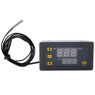 A digital temperature controller with a connected sensor.