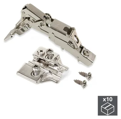 Produktbild von Emuca Kit von 10 Topfscharniere X91 Eckanschlag 165 Grad Öffnungswinkel mit Schließautomatik und Kreuzmontageplatten Euroschraube, Höhe 0, Stahl, vernickelt