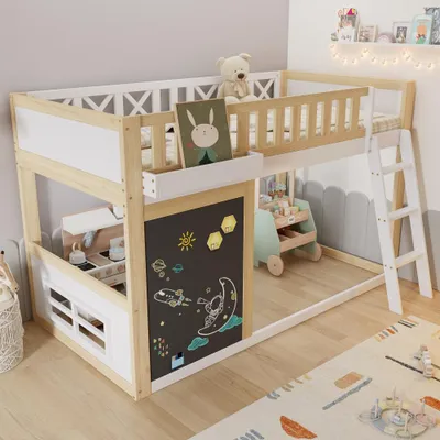 Obrázok produktu pre Detská posteľ 90x200 cm z borovice a MDF vo farbe biela/prírodná, s bezpečnostnou zábranou, tabuľou na kreslenie a úložnou skrinkou do detskej izby