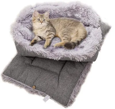Produktbild von Kleiner Plüsch-Katzenbett für Hunde und Katzen, 2 in 1, weich, rund, schlafend, grau
