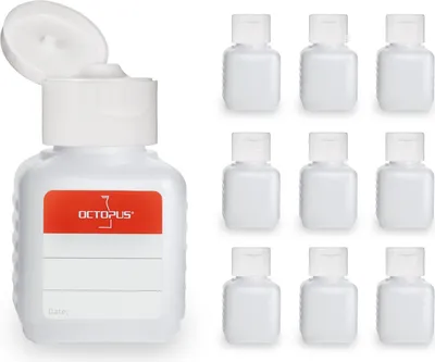 Produktbild von 10 Plastikflaschen 50 ml eckig aus HDPE, natur, G25, Klappscharnierverschluss aus PP weiss