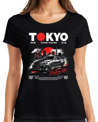 Immagine prodotto di Maglietta da donna, colore nero, taglia M, con stampa a tema: "Tokyo Streetracing", "Shooting Star", "JDM Japan Skyline", "Y2K", "Drift Racer"