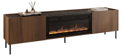Produktbild von MIRJAN24 TV-Lowboard Tewos 200K mit Kamin, TV-Schrank mit zwei Drehtüren, Schwarze Metallfüße (Farbe: Nuss Warmia / Nuss Warmia + Marmor Schwarz)