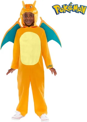 Pokemon Kostüm Glurak Overall für Kinder 3-10 Jahre orange Filmheld Tier Fasching Karneval Mottoparty Lizenzkostüm Manga Comic Serie Kinderfasching