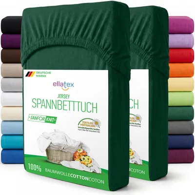 Produktbild von EllaTex 2er Pack Jersey Spannbettlaken 180x200–200x220 mit 40 cm Steg Baumwolle – Spannbetttücher Set für Boxspring & Wasserbett, in Farbe: Dunkelgrün