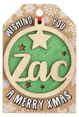 Holz-Weihnachtskugel mit Name Zac, grün, 1 Stück