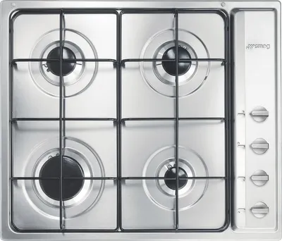 A top-down view of a stainless steel gas cooktop with four burners and control knobs on the side.