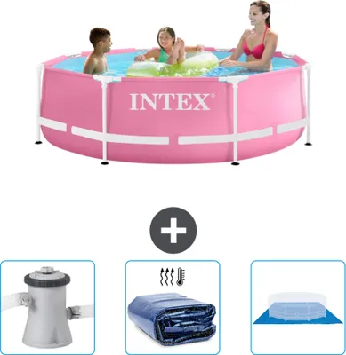 Zdjęcie produktu dla Basen Intex z okrągłym stelażem - 244 x 76 cm - różowy - zawiera pompę filtrującą do basenu - markizę przeciwsłoneczną - płachtę na podłoże