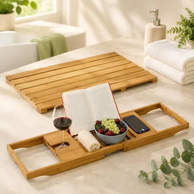 Obrázek produktu pro Sada pro koupelovou relaxaci z přírodního bambusu (2dílná) – 71,5 cm odkládací košík do vany a 58 cm protiskluzová koupelnová rohož