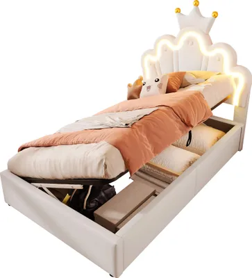 Produktbild von Prinzessinbett mit LED-Beleuchtung und Stauraum, 90x200cm, höhenverstellbarer Kopfteil, Mädchenbett, Polsterbett für Mädchen, Einzelbett