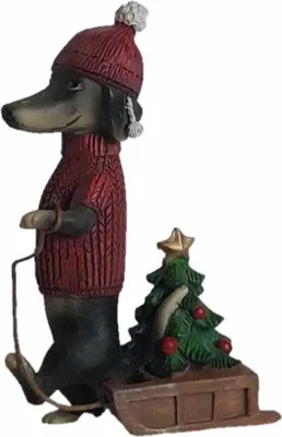 Produktbild von Deko Figur Weihnachtsdackel mit Weihnachtsbaum auf Schlitten, ca. 12,5 cm, Dekoration Figuren Tiere Dackel Hund