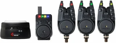A set of fishing bite alarms and a receiver unit are displayed against a white background.