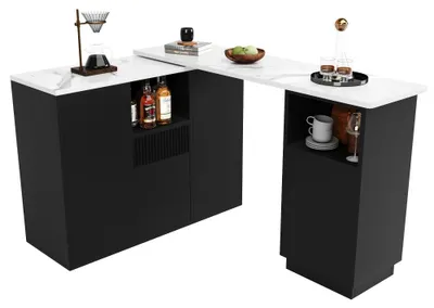 Produktbild von Drehbarer Bartisch mit Stauraum - Aufbewahrungsinsel - 360° Drehbar - Offene Ablagefächer - Marmorarbeitsplatte - MDF - Schwarz - 210 x 30 x 100,9 cm