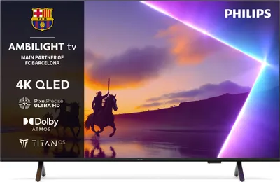 A television screen displaying a scene with a knight on horseback against a sunset, with abstract light beams emanating from the top right. Text and logos are overlaid on the left side of the screen.