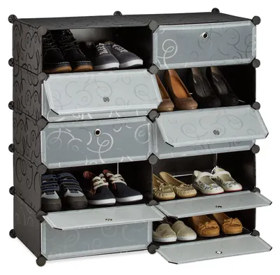 Schuhregal 10 Fächer mit Türen, Klickverbindung, 90x94x37 cm, schwarz
