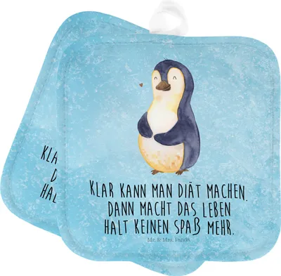 Produktbild von Mr. & Mrs. Panda 2er Set Topflappen Pinguin Diät - Eisblau - Geschenk, Ofenhandschuh, Ofenhandschuhe, Topfuntersetzer, Topflappen Set, Motivation, Bauch, foodbaby