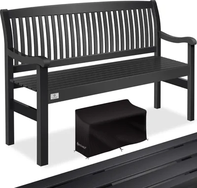 A black wooden garden bench with a black cover for a smaller bench or ottoman underneath.