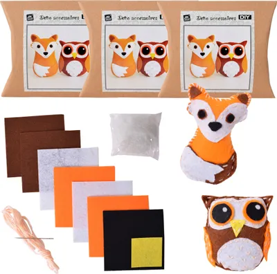A collage of DIY felt craft kits for making fox and owl figures, showing the packaging, materials, and finished products.