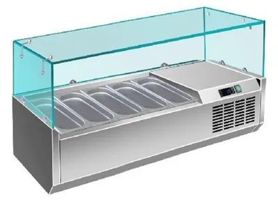 Productafbeelding van Pizza-koelplaat met glazen afdekking, geschikt voor 5 bakplaten van 1/4 GN, afmetingen 1200x335x460 mm
