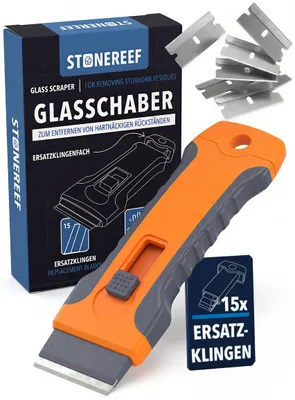 Produktbild von Glasschaber mit 15 Ersatzklingen Glaskeramikkochfeld Schaber Kochfeldschaber Löst Eingebranntes vom Glaskeramikkochfeld - der dreistufige Schieber sichert die Klinge