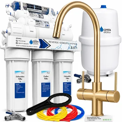 Produktbild von Wasserfilter Set RO7 mit 3-Wege Küchenarmatur Slender, 7-stufige Umkehrosmose, Mineralisierung, Gold