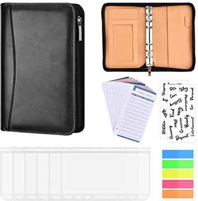 Imagen del producto de Planificador de presupuesto, organizador de dinero tipo A6, para libretas de ahorro. Organizador de dinero con 6 compartimentos, incluye fundas para encuadernar, hojas de presupuesto y etiquetas adhesivas