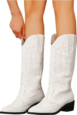 Image de ASKSA Bottes de cowboy pour femmes Bottes hautes brodées à la mode, Blanc, Taille : 42