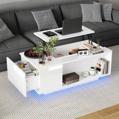 Obrázek produktu pro okwish Výškově nastavitelný konferenční stůl s ukrytým úložným prostorem, příruční stolek s LED osvětlením a USB, konferenční stolek se zásuvkou, bílý