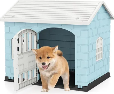 Produktbild von GOPLUS Hundehütte Outdoor, wetterfester Hundekäfig mit abschließbarer Tür, 3 Fenstern, geneigtem Dach, Haustierhaus Zuhause, 75 x 58 x 65 cm (Blau)