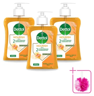 Imagen del producto de 3 unidades de jabón líquido para manos Dettol Nourish, aroma miel y vainilla, 250 ml, pack ahorro