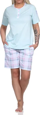 Produktbild von Edler Damen kurzarm Schlafanzug Shorty mit karierter Hose aus Jersey - auch in Übergrössen ; hellblau , 44