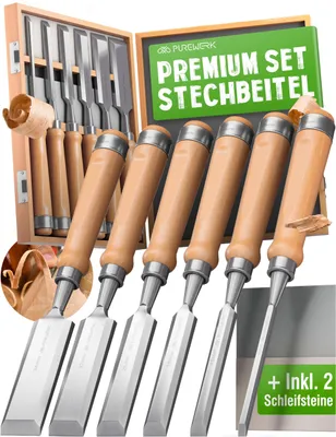 Produktbild von Stecheisen-Set für Holz [6 Größen] – Set mit 6 geschliffenen Stecheisen aus CrV-Stahl