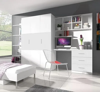 Produktbild von Jugendmöbel TOMI 3A Schrank, Regal, Schreibtisch Kindermöbel Hochglanz Jugendzimmer (Weiss / Weiss)