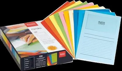 A box of colored paper folders and a fanned out selection of the folders.