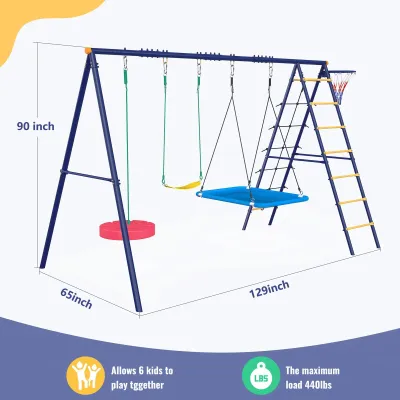 Image de Ensemble de jeux multifonctionnel avec structure d'escalade, panier de basket et 3 balançoires, idéal pour l'extérieur et les jardins
