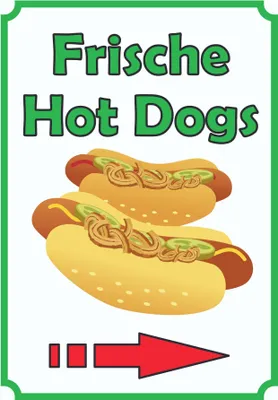 Produktbild von Frische Hot  Dogs  Schild Hochkant mit Pfeil rechts A2 (420x594mm)