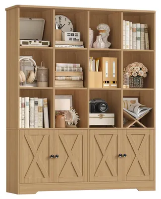 Image de Étagère de rangement avec portes, bibliothèque avec 12 compartiments, en chêne, 144,8 cm