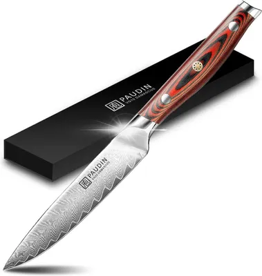Image de PAUDIN P6 Couteau d’Office 12,5 cm – Couteau de type japonais – Couteau de Chef Professionnel – Acier Damas – Manche Ergonomique