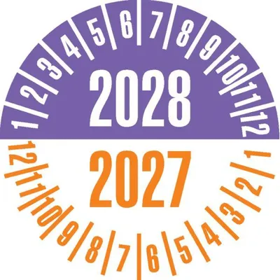 Produktbild von Dreifke® Prüfplakette 2028/2027, violett/orange, Dokumentenfolie, Ø 25mm, 21 ...