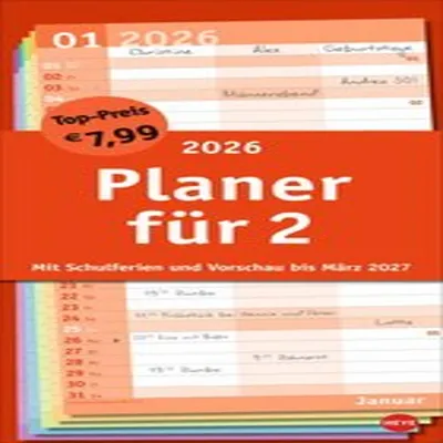 Produktbild von Basic Planer für zwei 2026: Praktischer Wandplaner für 2 mit 3 Spalten, Wandkalender mit Schulferien und 3-Monats-Ausblick aufs Folgejahr