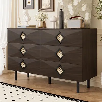 Obrázok produktu pre Príborník Merax 120 × 40 × 74 cm, elegantný drevený stolík so 6 zásuvkami, komoda s ratanovými úchytkami a kovovými nohami, úložný priestor do obývačky