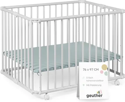 Produktbild von GEUTHER Laufgitter Lucilee | Weiß | 76x97 cm | Mobil auf Rollen | 3-fach höhenverstellbar | Faltbar | Gepolsterter Boden | GS
