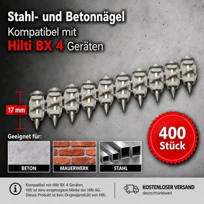 Obrázok produktu pre 400 klincov kompatibilných s Hilti BX 4, 17 mm – betónové klince, oceľové klince